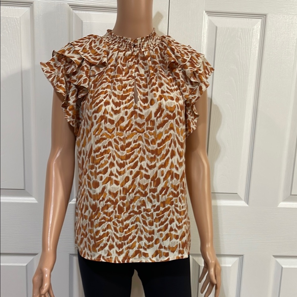 DR2 Brown and White Ruffled Sleeveless Blouse
